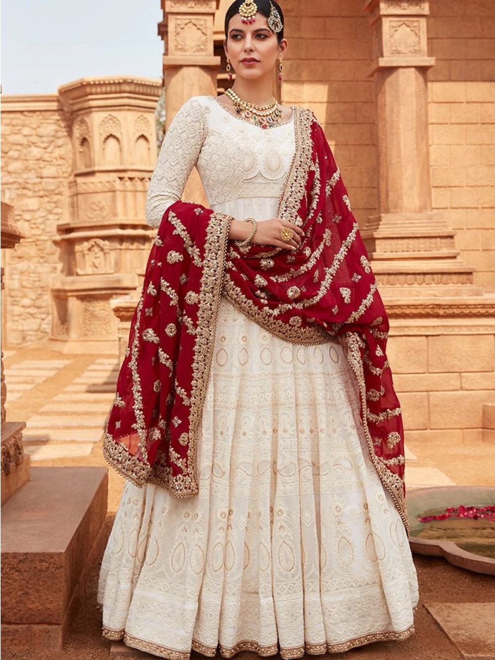 White Long-Sleeve Anarkali Dress with Red Embroidered Dupatta